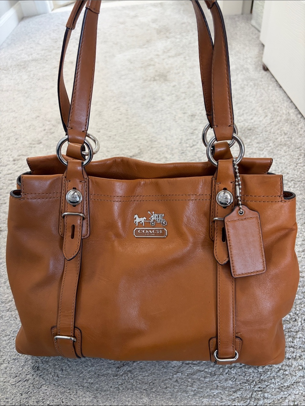 Coach Tan Leather Shoulder Tote with Silver Hardware